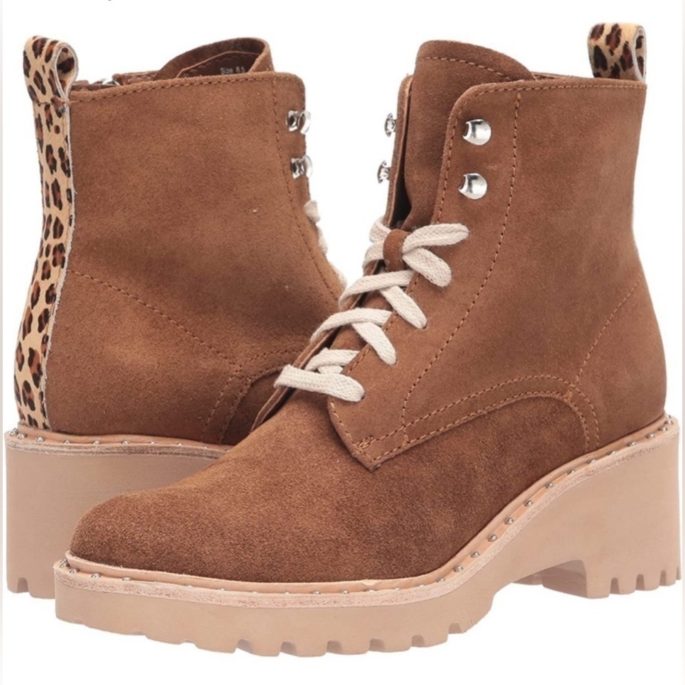 Dolce Vita Hinto boots booties tan beige neutral suede leopard side-zip chunky 8